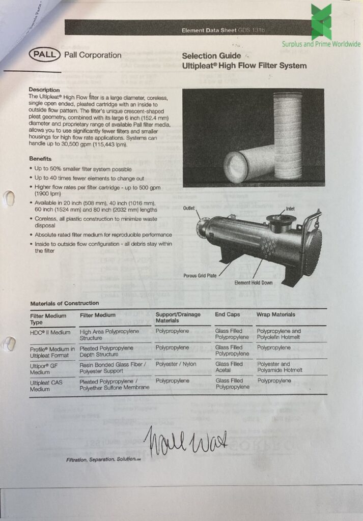 Ultipleat High Flow Pall Filter System Insert Surplus Prime